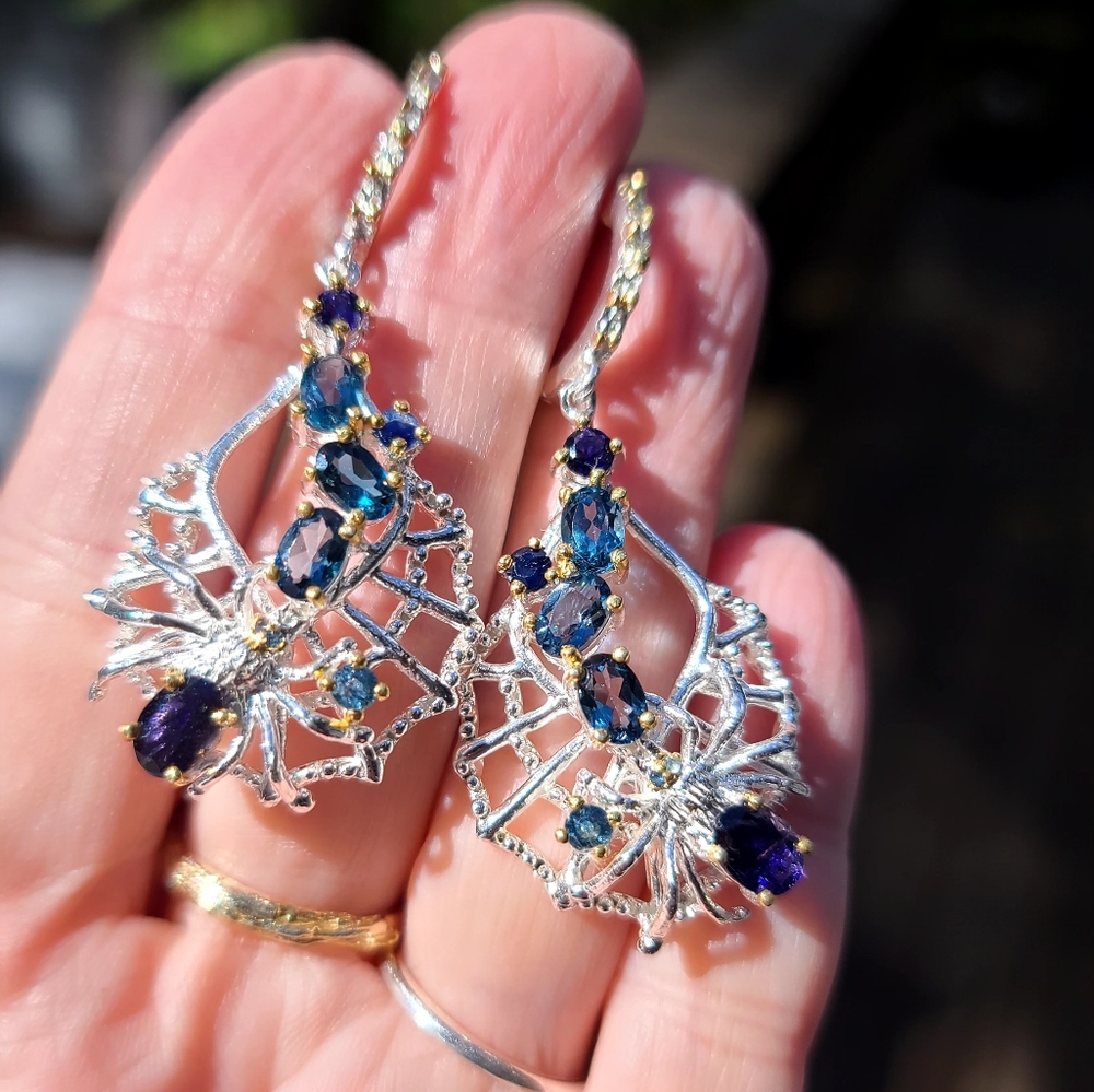 Sapphire Lolite & Topaz  Spider 🕷 on web🕸 Sterling & gold dramatic earrings - Picture 3 of 9